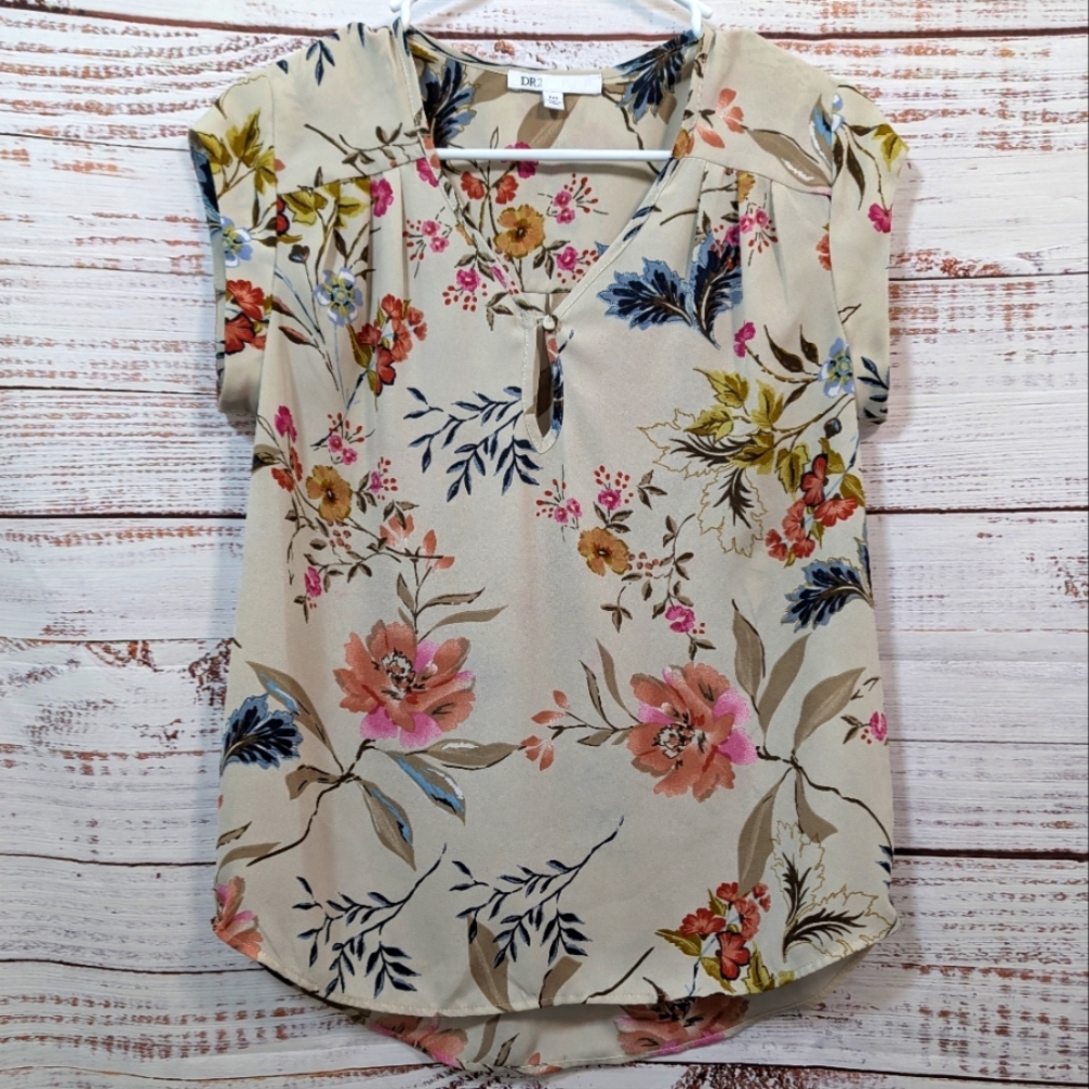DR2 Beige Multicolored Flowers V-neck Short Sleeve Blouse PXS